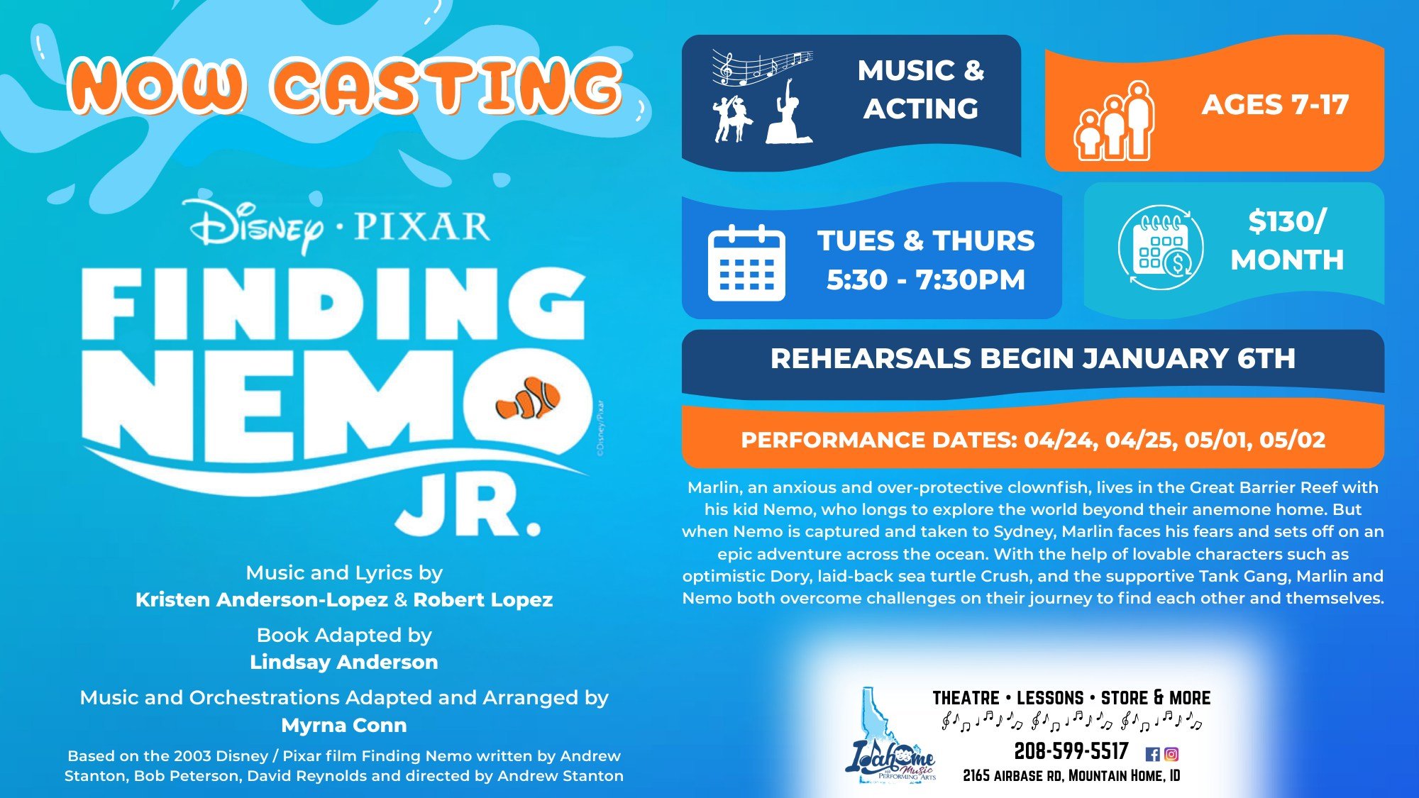 🐟 We are NOW CASTING for our Spring Semester of theatre! We will be diving into Finding Nemo JR! We only have a couple spots left, so sign up now to claim your spot!