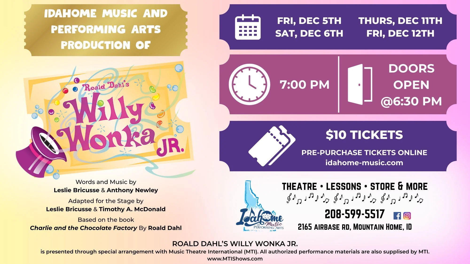 🍫🍬 You can now pre-purchase tickets for our upcoming performances of Willy Wonka Jr. on our website! 🍭 https://www.idahome-music.com/willy-wonka-tickets