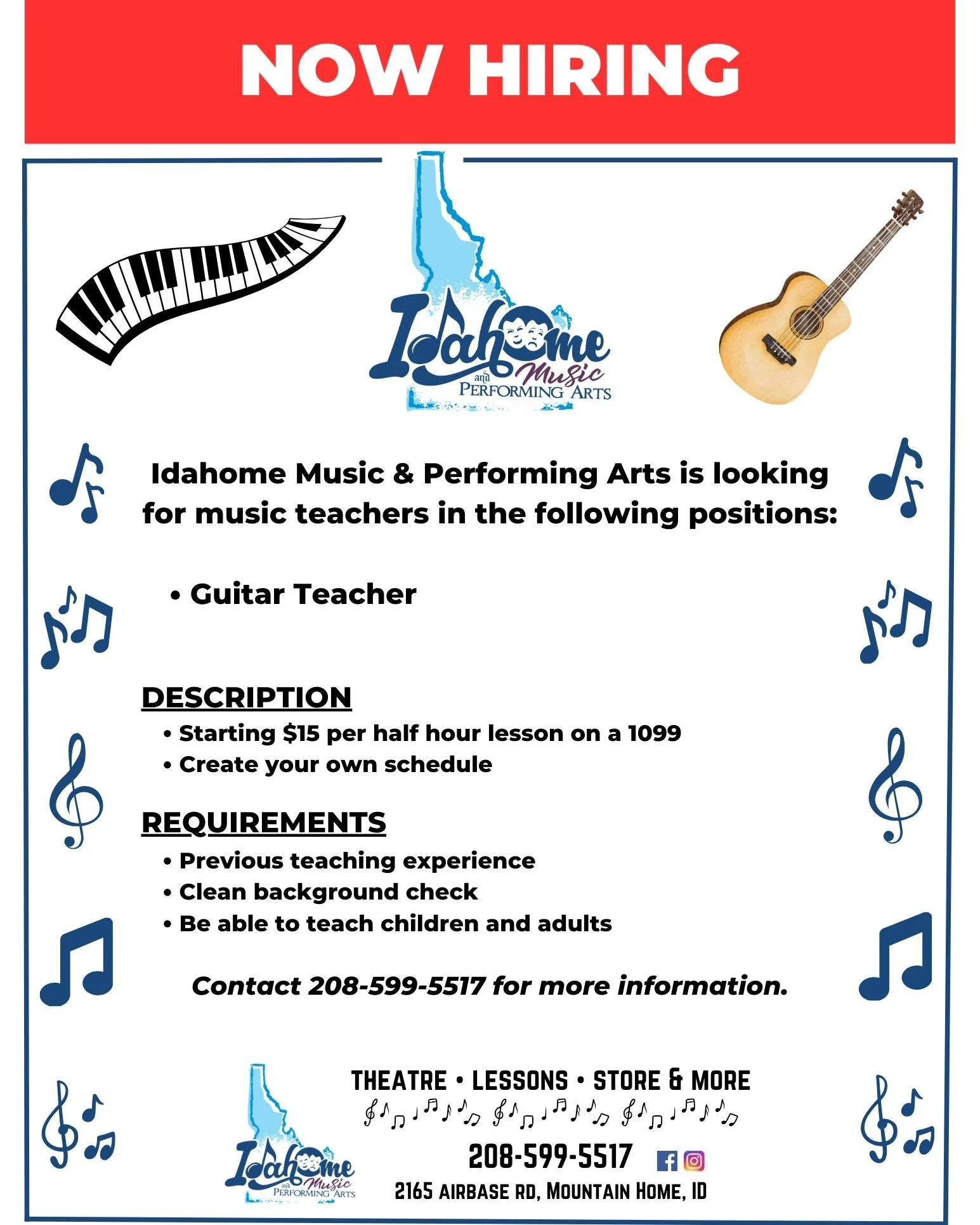 🎸 We are NOW HIRING for a Guitar Instructor! Contact us today for more information.