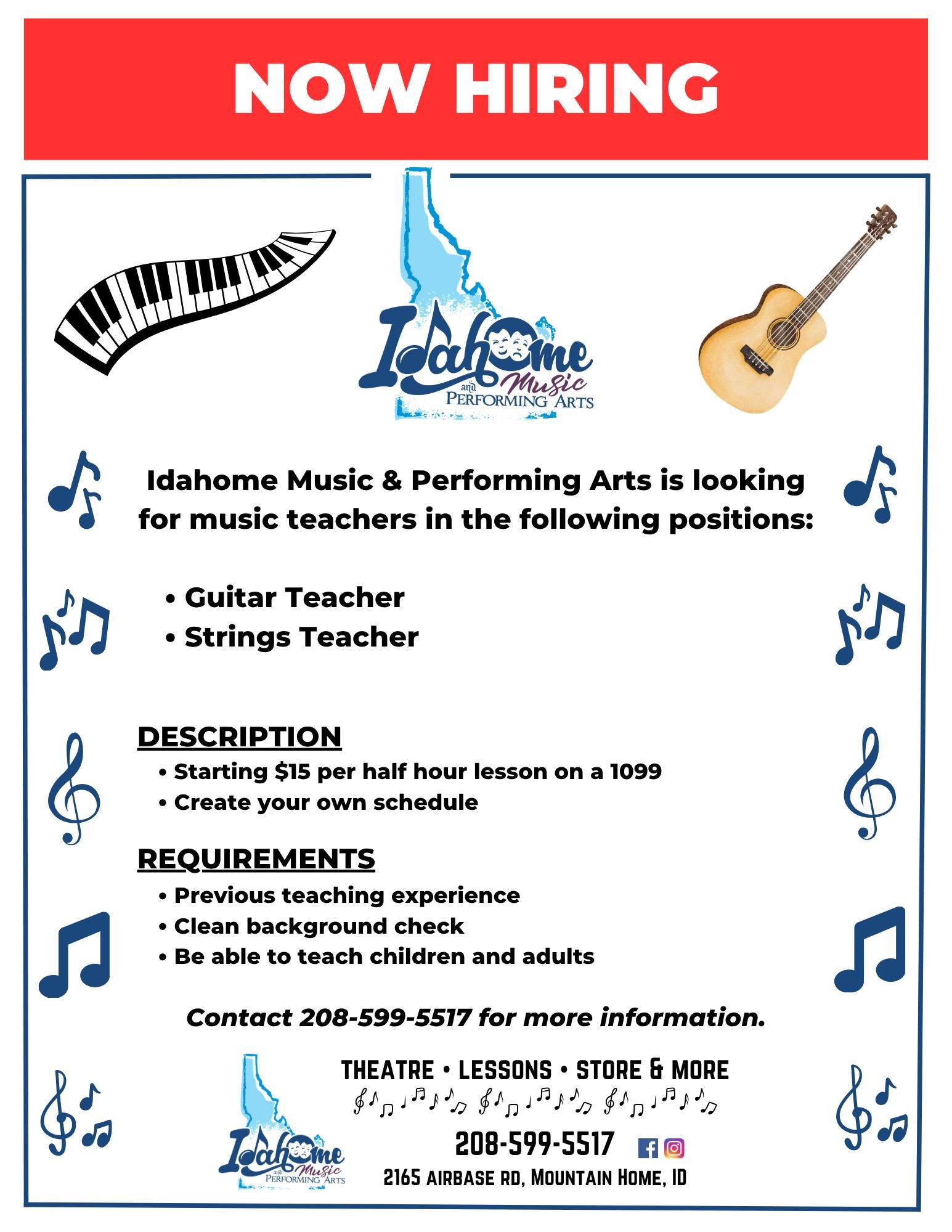 We're looking for a talented guitar teacher and strings teacher to join our team! Contact us for more information.
