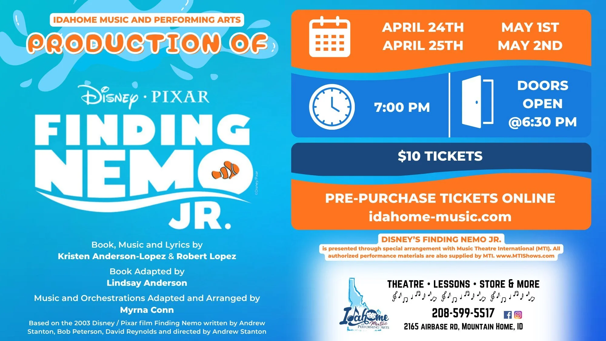 🐠 PURCHASE TICKETS NOW on our website for our upcoming production of Finding Nemo Jr! https://www.idahome-music.com/finding-nemo-tickets