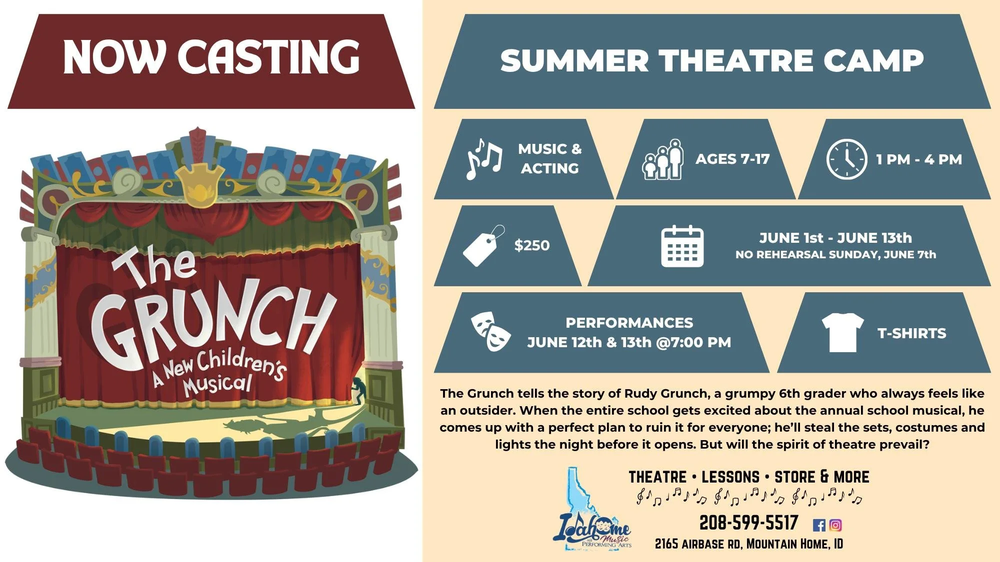 😎 We are NOW CASTING for our Summer Theatre Camp! This show is going to be a ton of fun, you won't want to miss it! Contact us today to sign up. 🌞