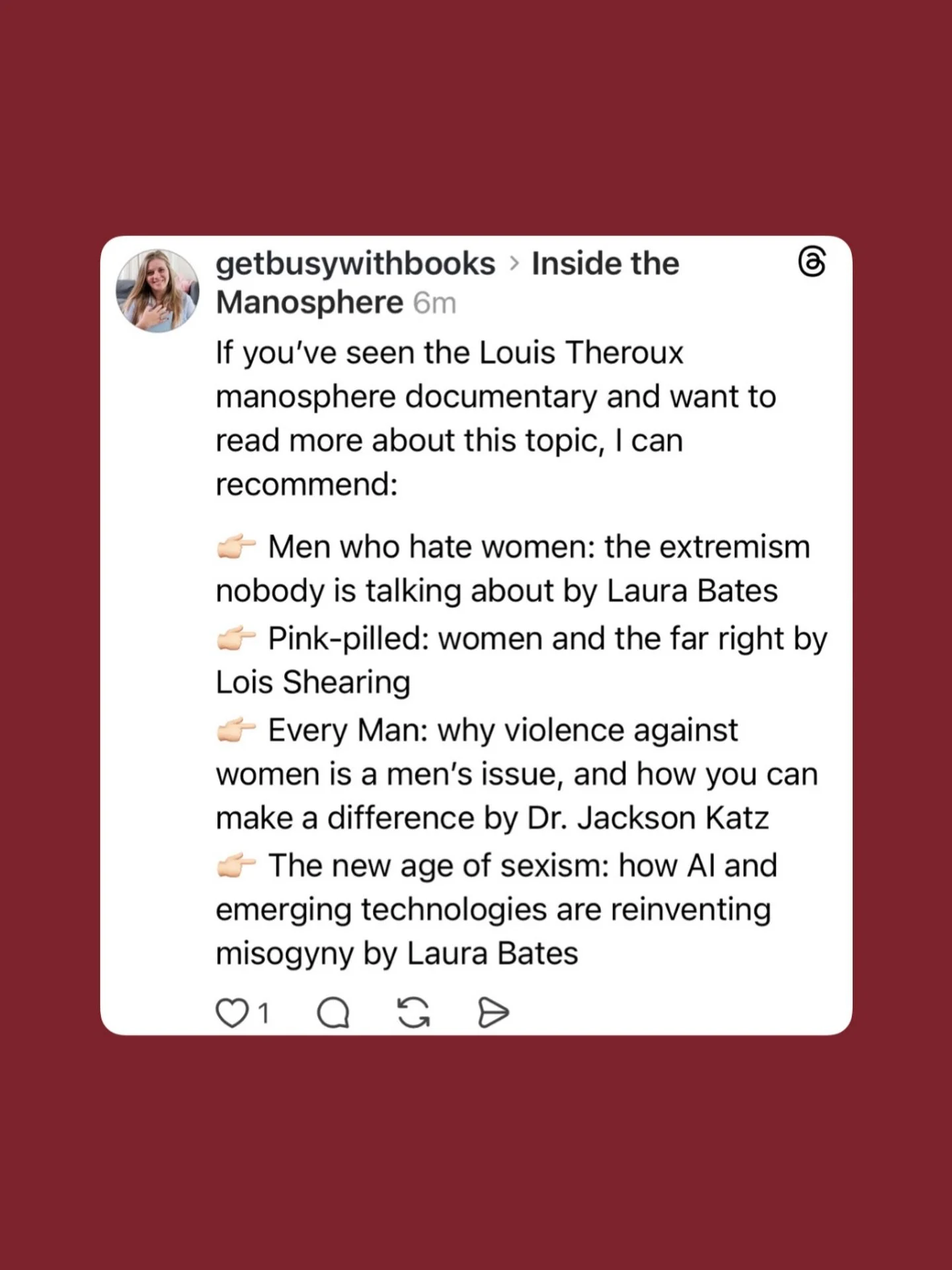 Any thoughts on the manosphere documentary? 😵&zwj;💫

I can highly recommend these books if you want to learn more about this subject. 

#manosphere #louistheroux