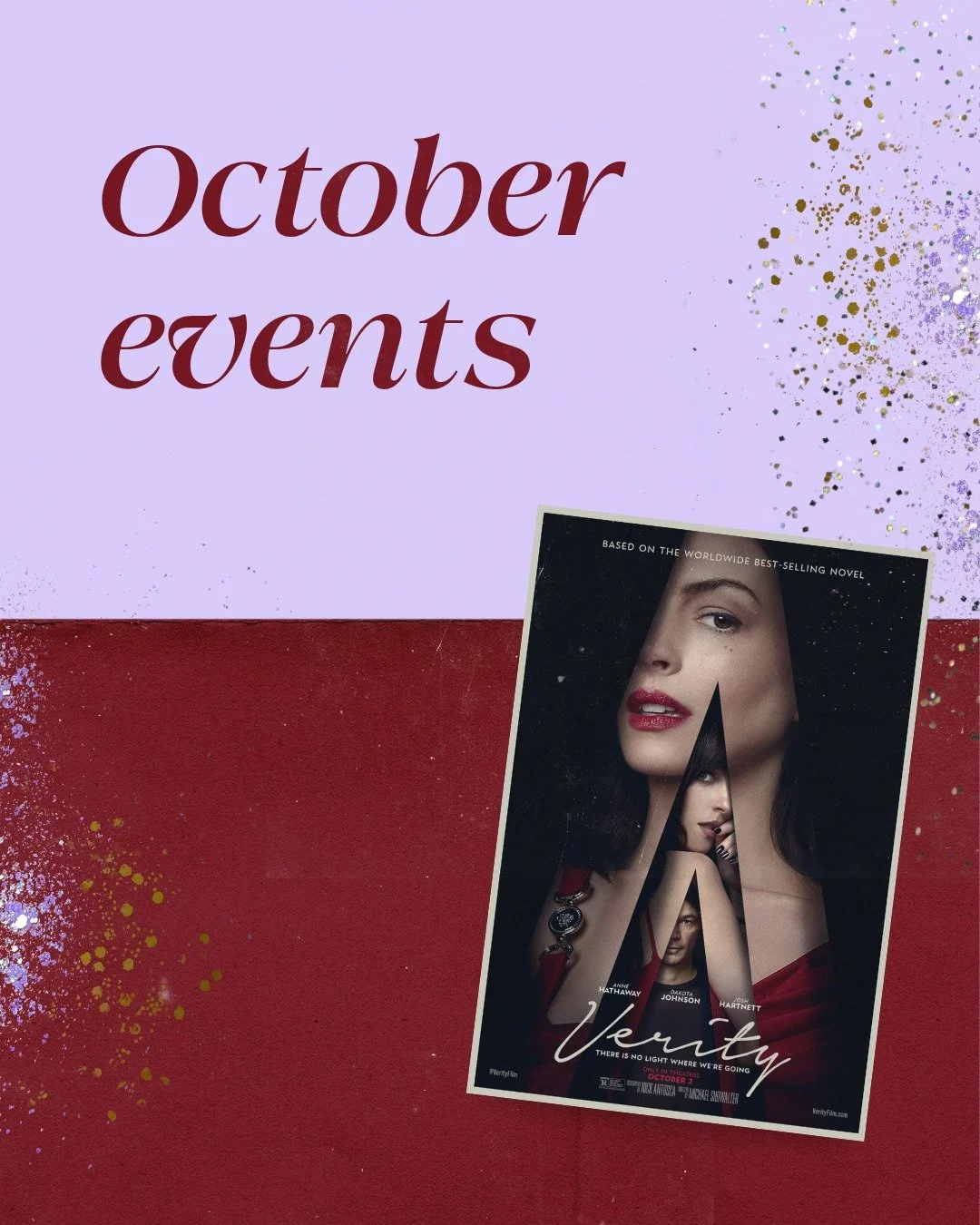 Make new friends at one of our bookish events in Melbourne this month!

&hearts;️ Tuesday, Oct 13: Books &amp; Popcorn: Verity
Come &amp; watch Verity with us, including drinks &amp; a debrief afterwards - we need to know if you're team manuscript or