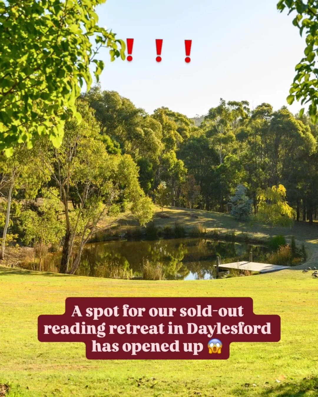 THIS IS NOT A DRILL. 

A spot for our sold-out retreat in Daylesford has opened up. 

The deets:
&hearts;️&nbsp;Daylesford, Dec 11-13
&hearts;️&nbsp;A bed in a shared room (2 twin beds, shared with a bookish friend)
&hearts;️&nbsp;$1900 AUD - either 