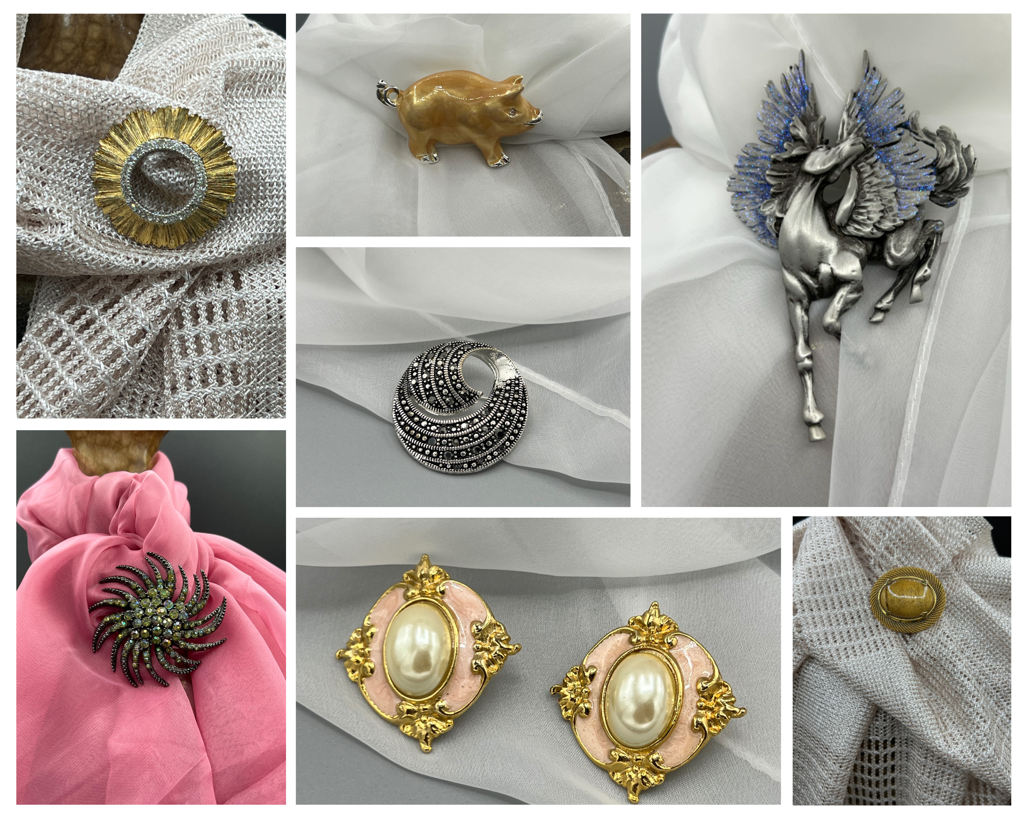 Collection of jewelry pieces including brooches, pendants, and earrings, displayed on fabric backgrounds.
