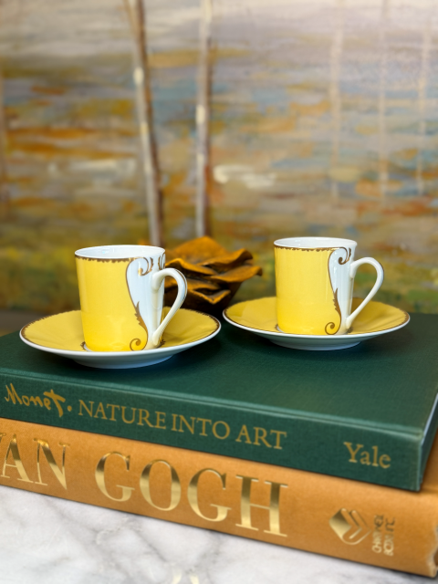 Christian LaCroix Follement Yellow Gold Demitasse Cup Saucer Set - Paris, France Porcelain