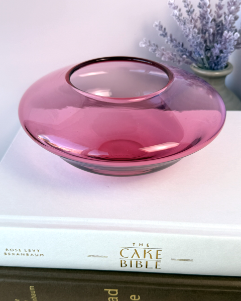 Mid Century Cranberry Hand Blown Glass Bowl Signed by Artist Feiraro