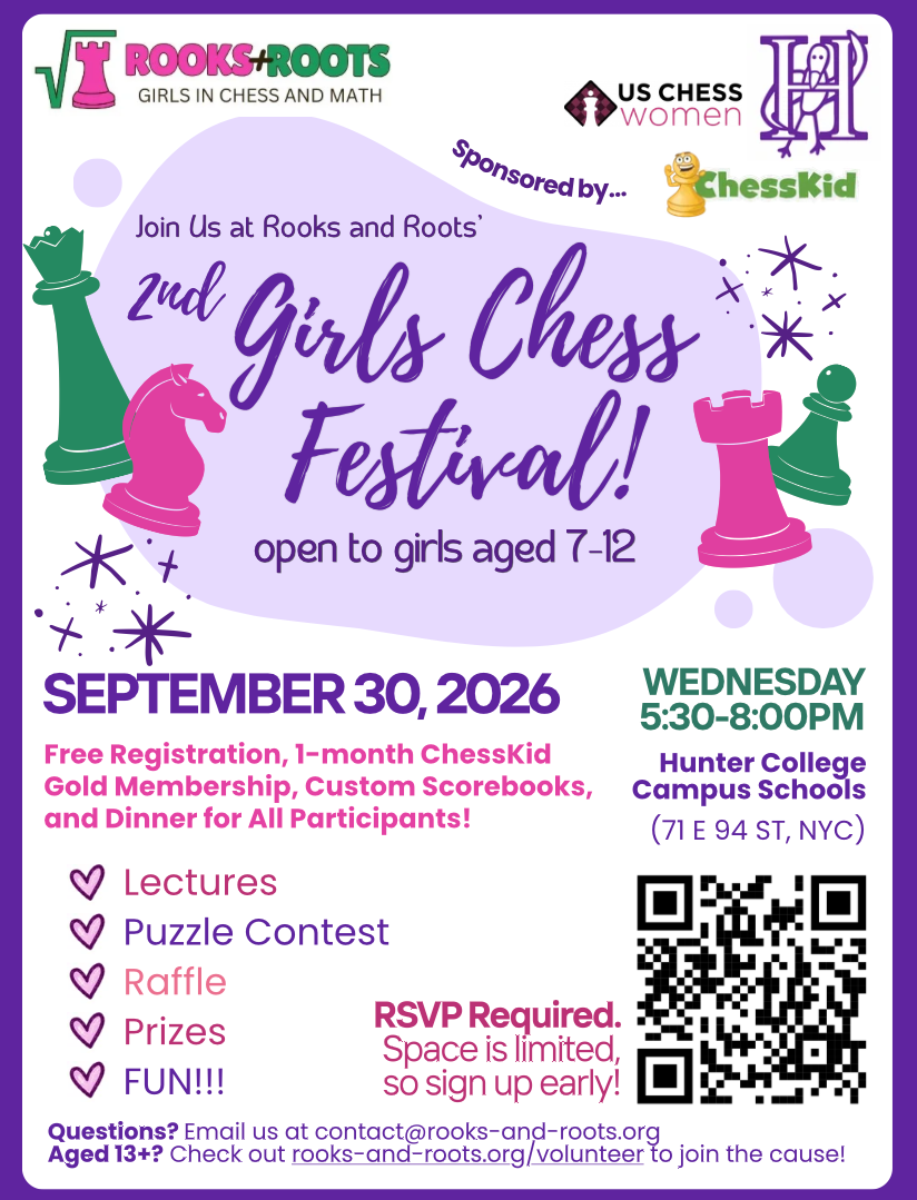 Flyer for the 2nd Girls Chess Festival, sponsored by Rooks and Roots and ChessKid, happening on September 30, 2026, from 5:30 to 8:00 PM at Hunter College Campus Schools in NYC, featuring lectures, a puzzle contest, raffle, prizes, and fun activities
