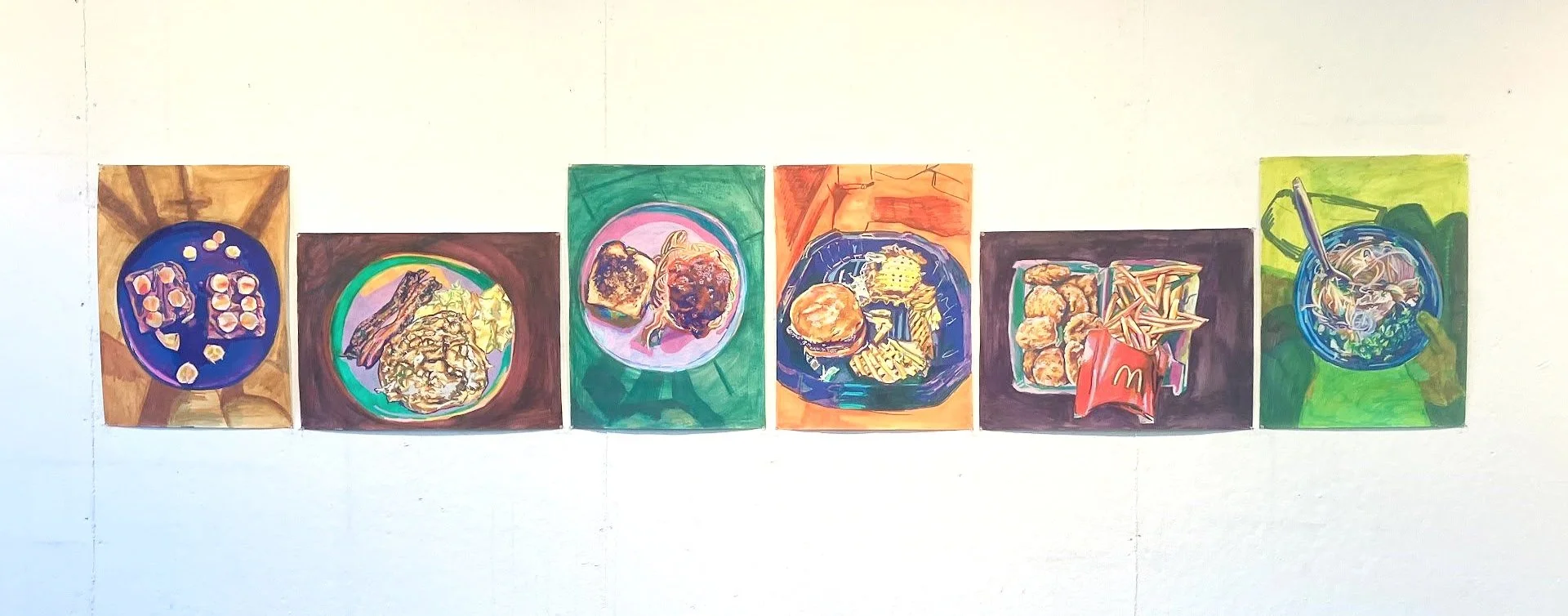 Six Happy Meals.
acrylic paint marker and neocolor crayon on paper. 2025