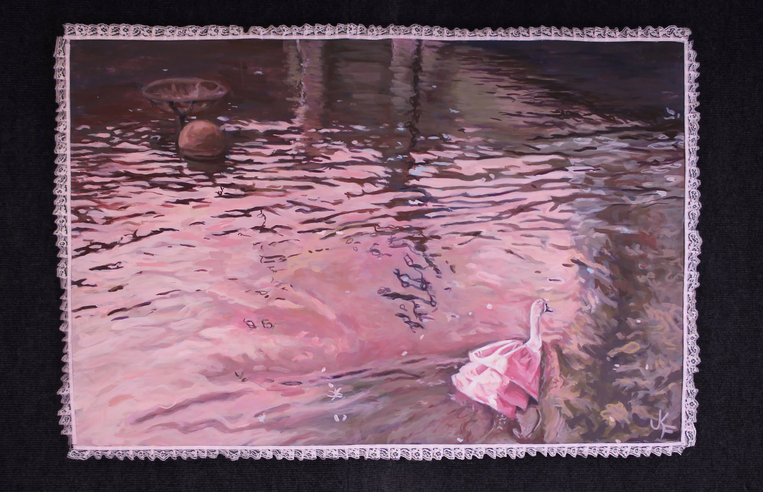Pink Whimsy. acrylic gouache and lace on canvas. 26 x 38 in. 2026