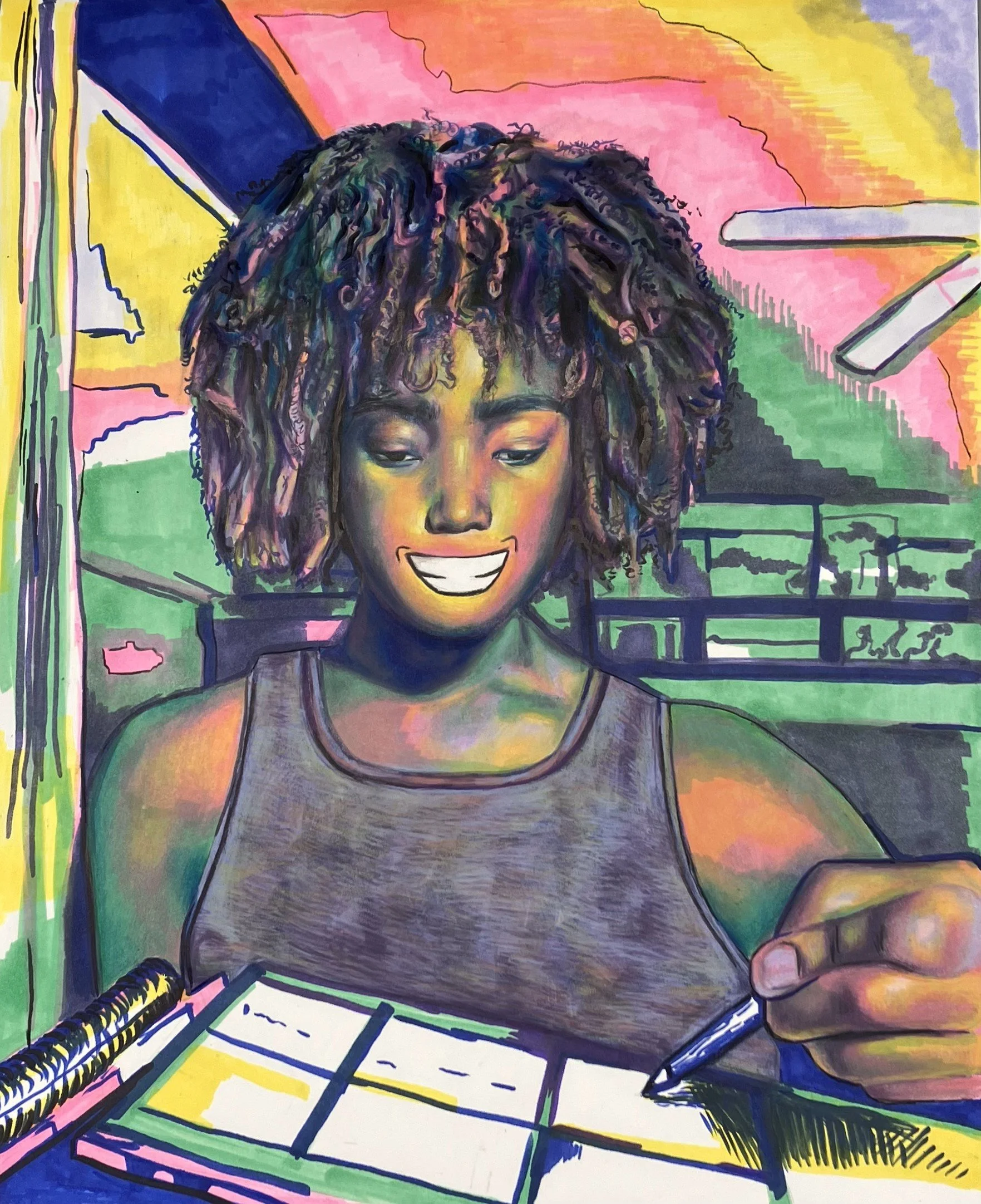 At the Desk.
colored pencil and marker on paper. 14 x 11 in. 2023