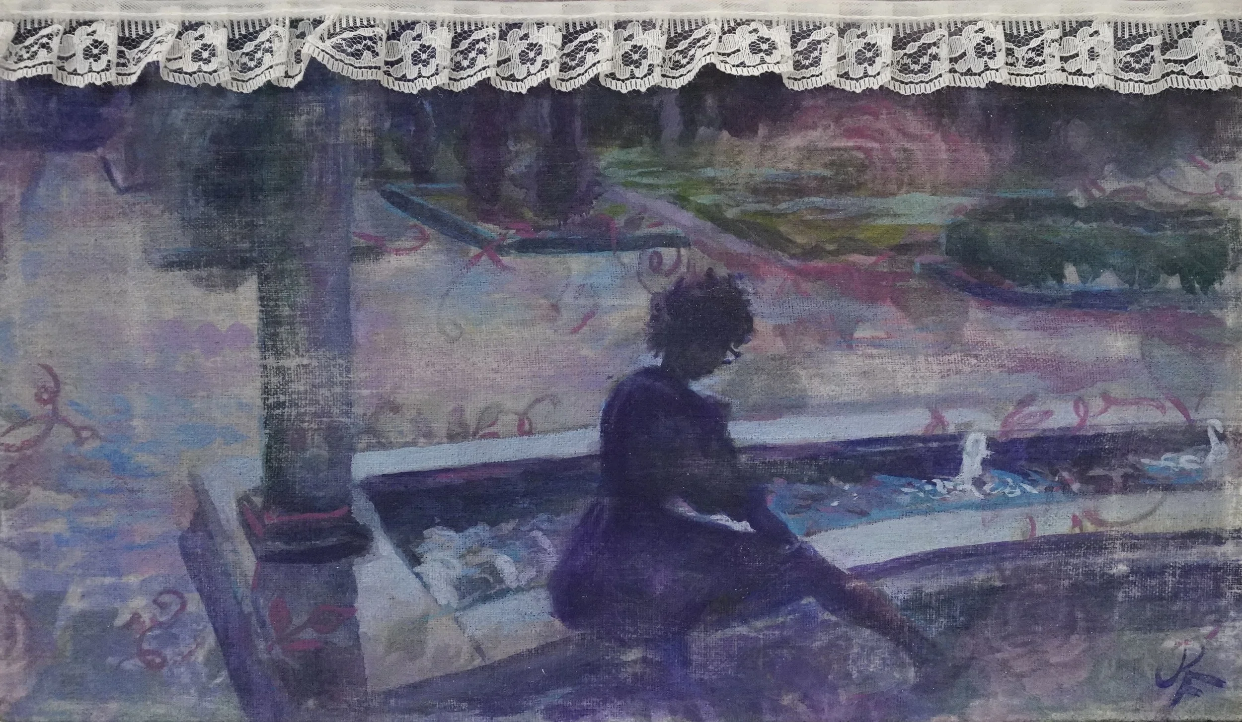 Purple Memory. acrylic gouache and lace on thrifted fabric on canvas. 8 x 14 x 1 in. 2026