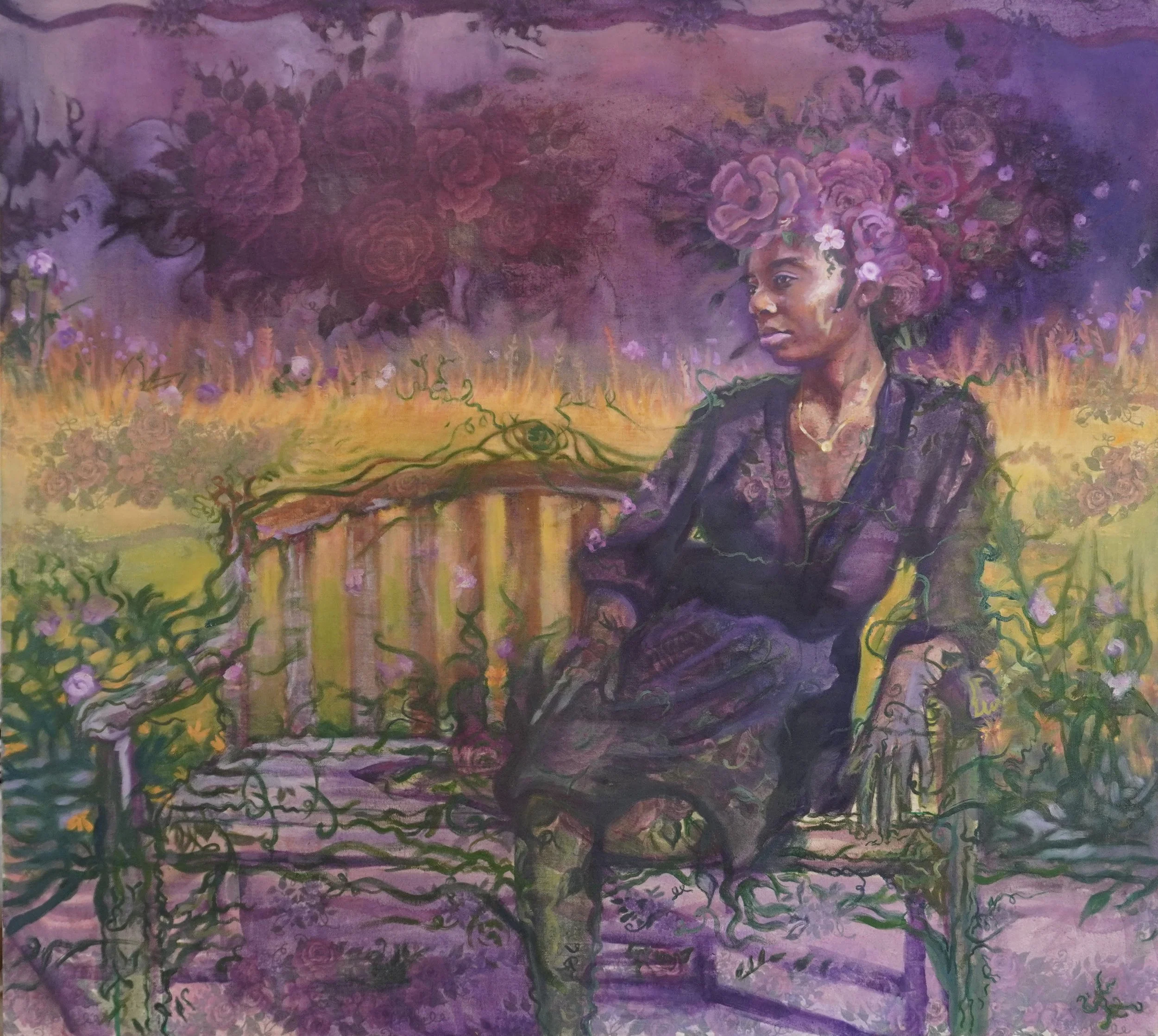 You Are Like the Flowers in the Wind. oil on thrifted fabric on canvas. 36 x 40 in. 2026