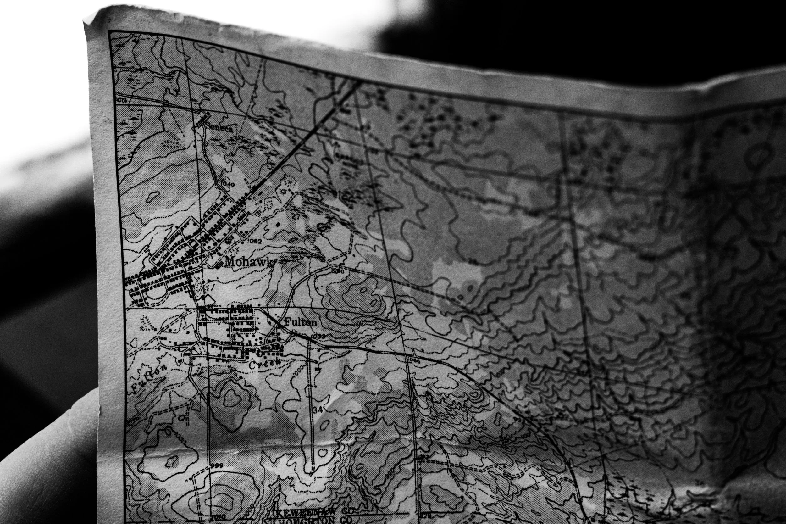 Black and white topographical map showing the area around Mohawk and Fulton, with contour lines, roadways, and geographic labels.