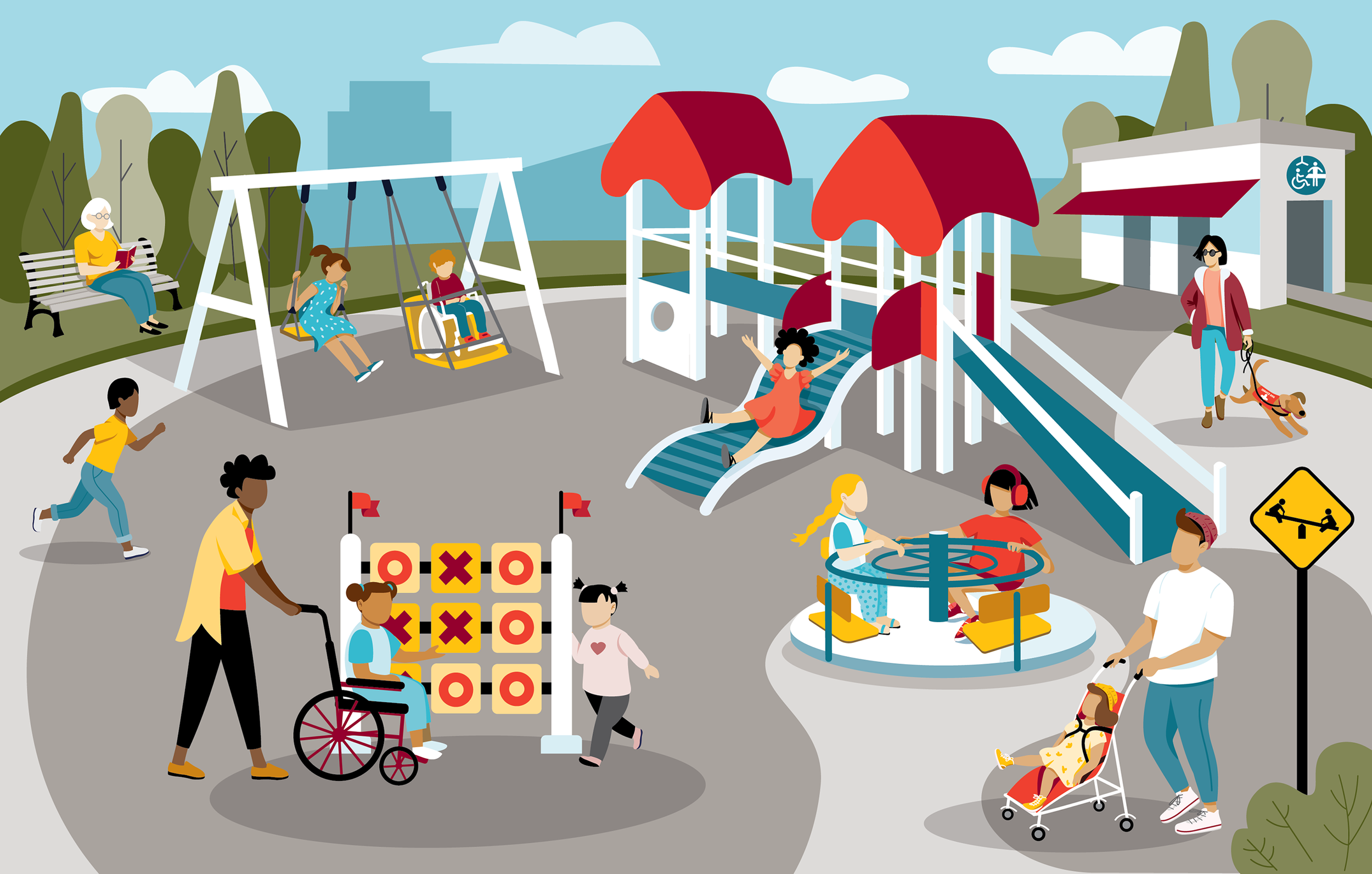 This is an illustration of an inclusive playground. You can use this gallery of examples to learn more and engage with your community to know what features should be included in your playground. The examples are not listed in order of importance.