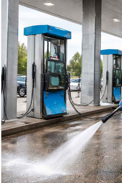 High-pressure water spray cleaning a gas station pump area.