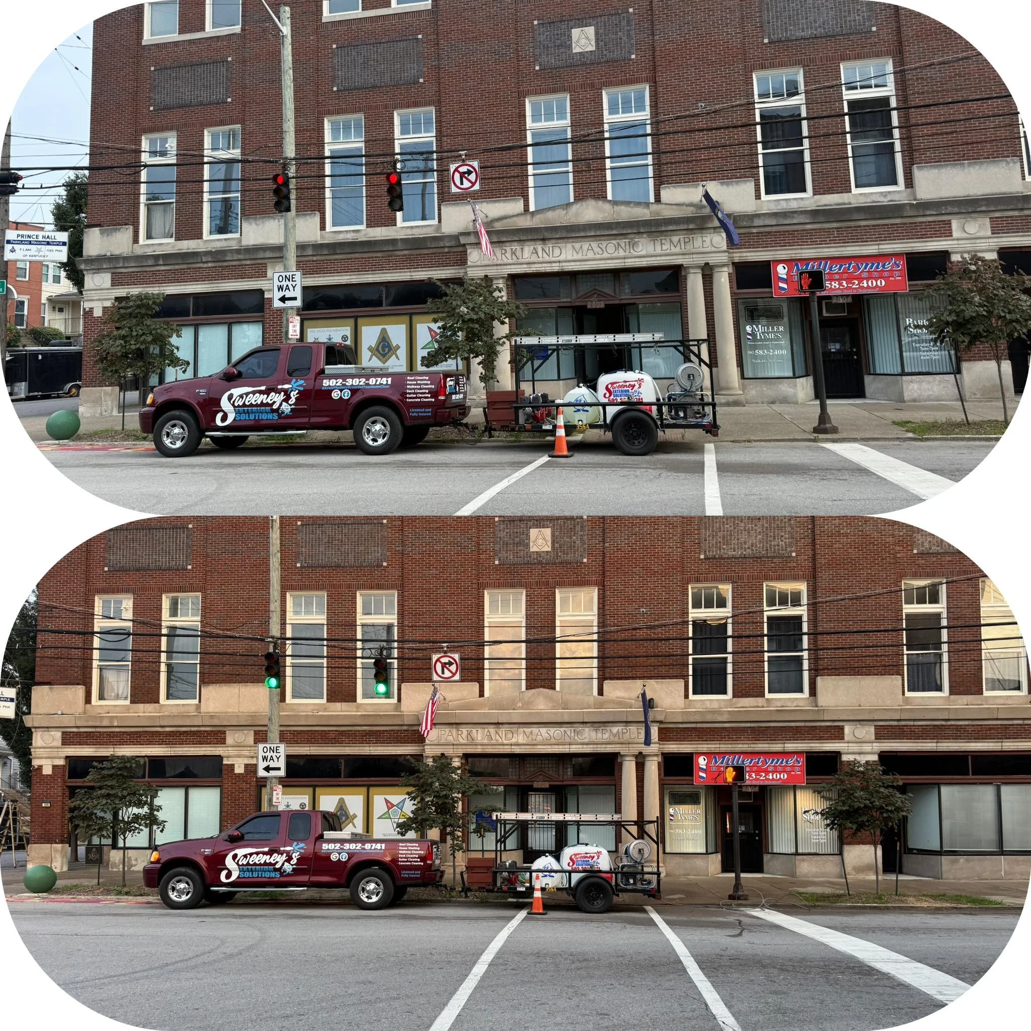 Side-by-side images of a brick building with a business sign, trees, a utility pole, and a red pickup truck with advertising, parked on the street. The top image has red traffic lights and the bottom image has green traffic lights, indicating a change in traffic signal.
