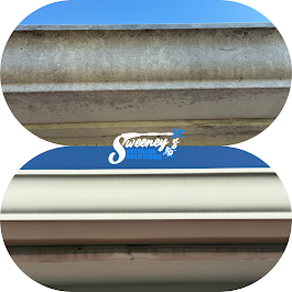 Side by side comparison of gutter before (top) and after (bottom) cleaning.