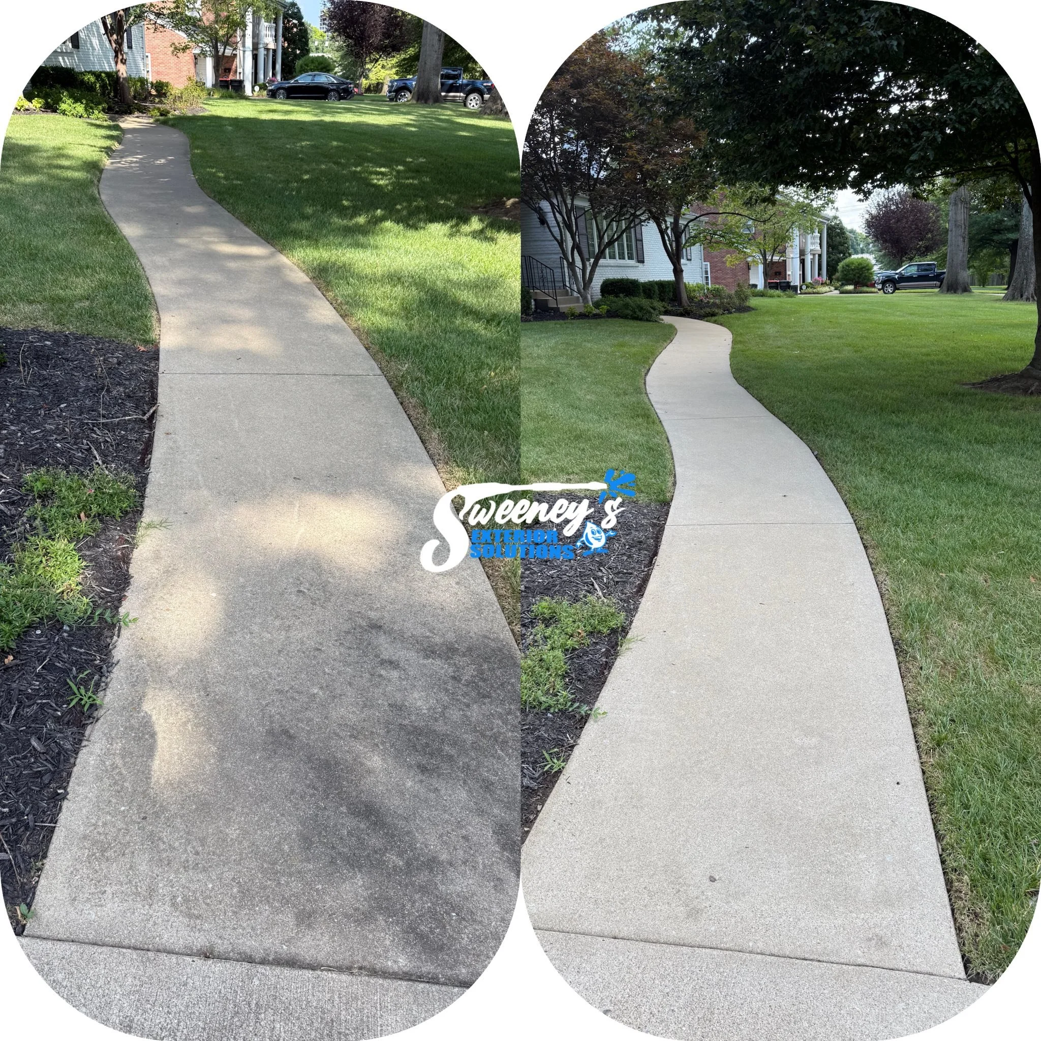 Side-by-side comparison of a sidewalk, with the left side showing a dirty and stained concrete pathway and the right side showing a clean, newly cleaned pathway in a residential neighborhood with grass and trees.