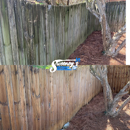 Comparison photo of wooden privacy fence before and after cleaning.