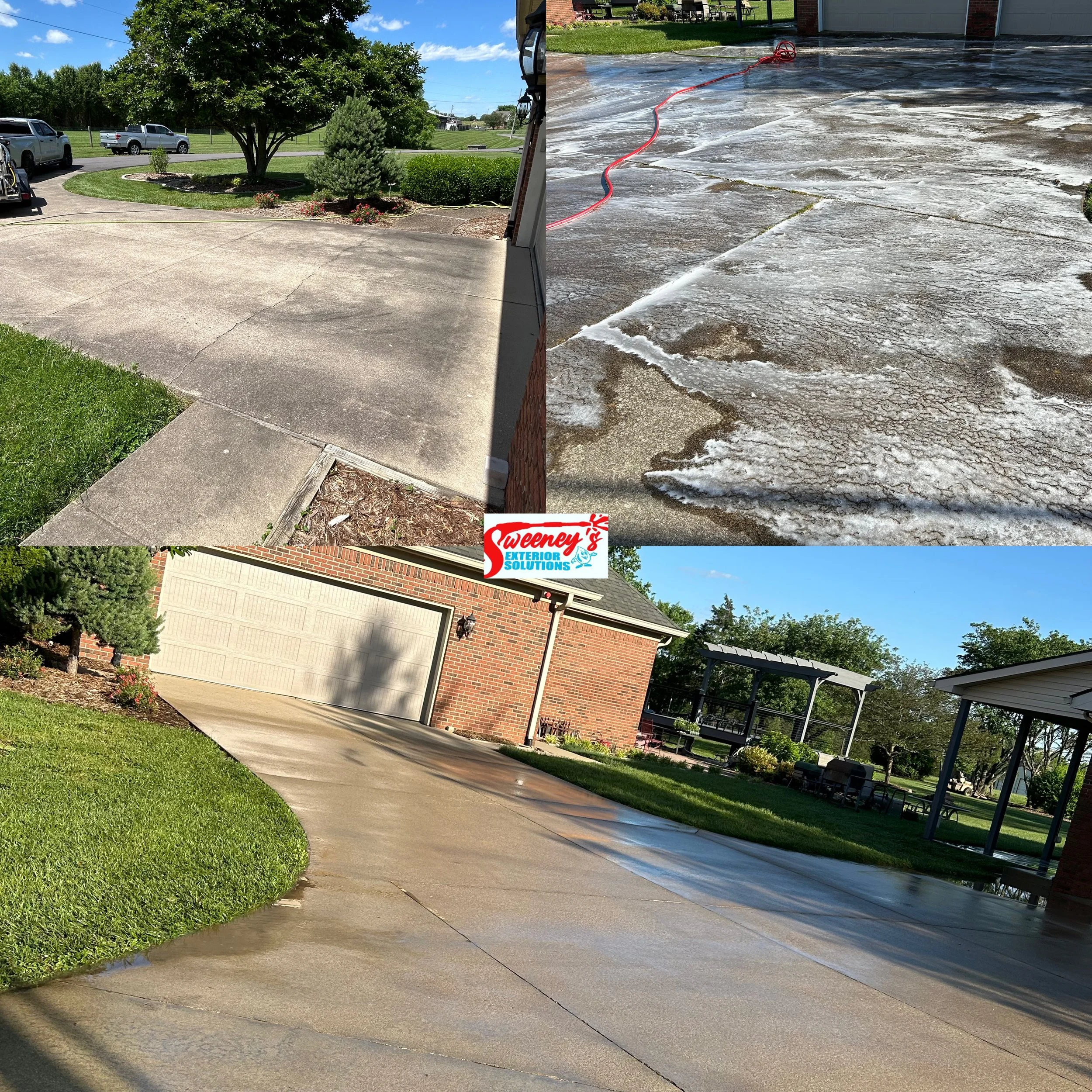 A collage of before and after photos showing a concrete driveway cleaning process. The top right image shows a dirty, stained concrete surface being washed with water and foam. The top left image shows the driveway before cleaning, with dirt and stains. The bottom image shows the clean, wet driveway after washing, with the driveway now bright and spotless.