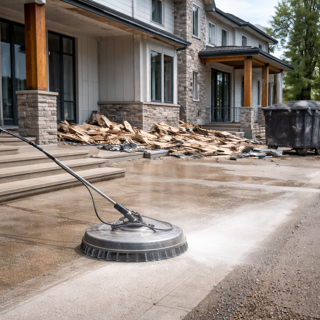 Power washing the concrete sidewalk in front of a modern house or apartment building with steps, large windows, stone and wood exterior, and a trash bin nearby.