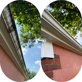 Side by side comparison of gutter before (left) and after (right) cleaning.