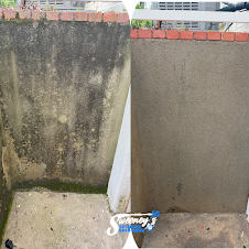 Side-by-side comparison of a weathered concrete wall before and after cleaning or restoration. The left side shows moss, mold, and dirt buildup, while the right side appears clean and free of stains.