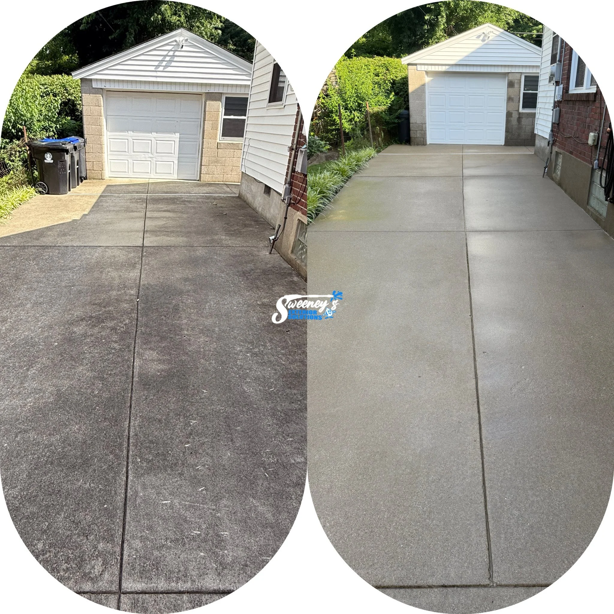 Comparison of a concrete driveway before and after cleaning, showing a cleaner, lighter surface after washing.