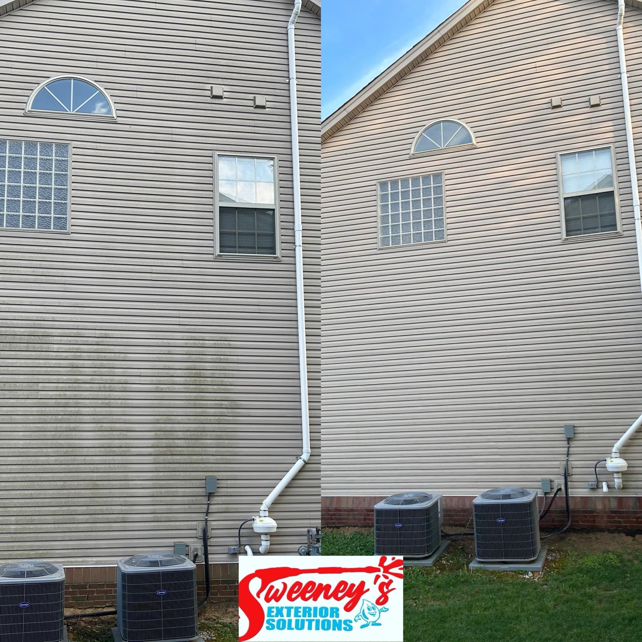 Comparison of house exterior before (left) and after (right) power washing, showing cleaner siding on the right side.