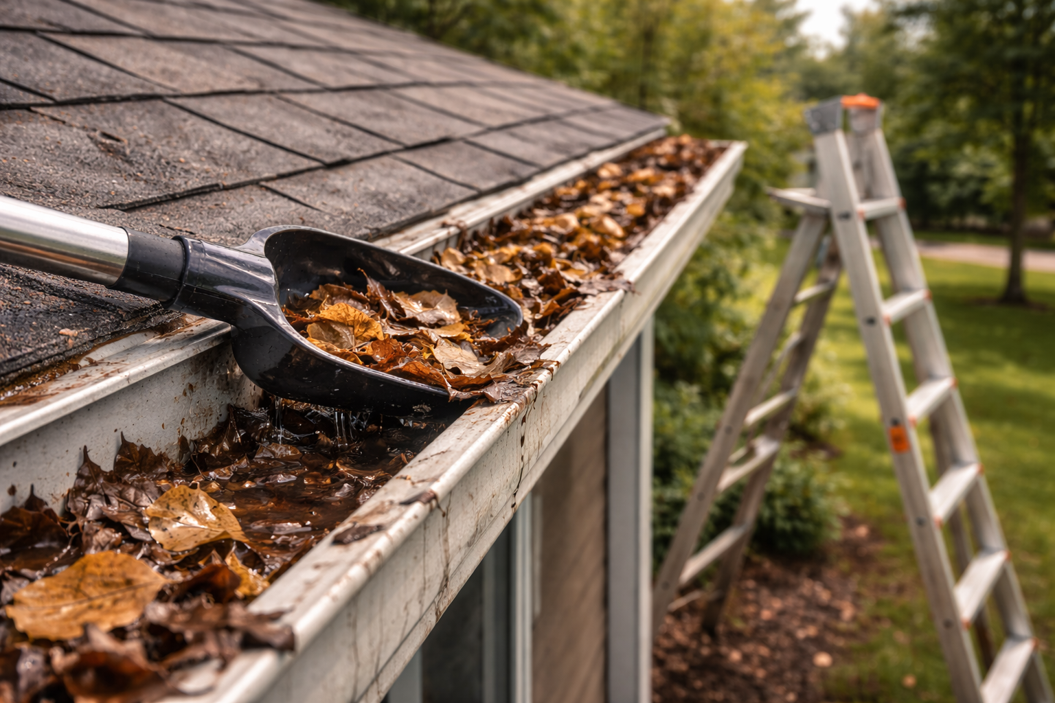 A gutter filled with brown autumn leaves with a black scoop resting on top, and a ladder leaning against the house.