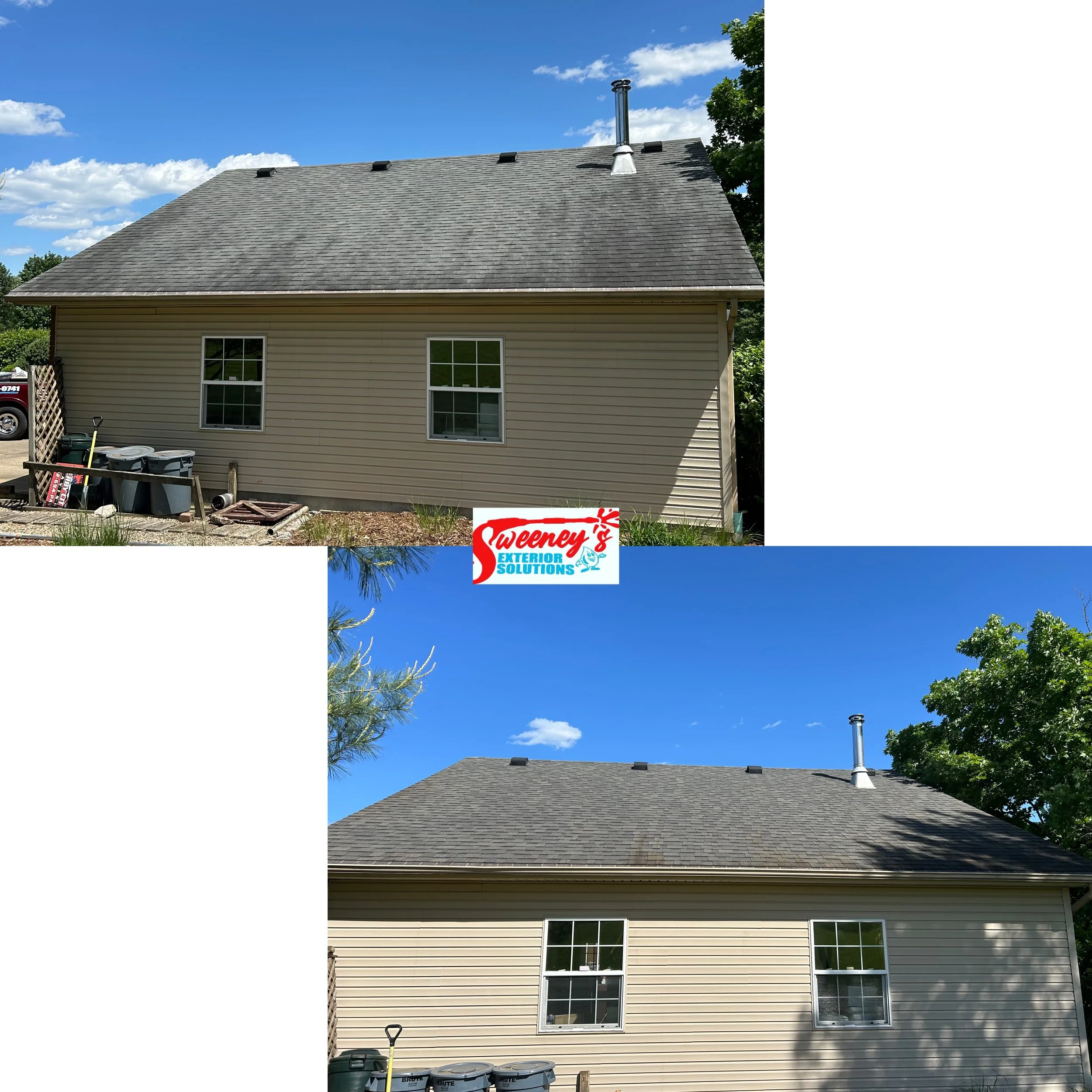 Comparison photos of a house before and after roof cleaning services.