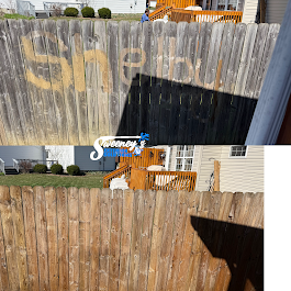 Comparison photo of wooden privacy fence before and after graffiti removal cleaning.