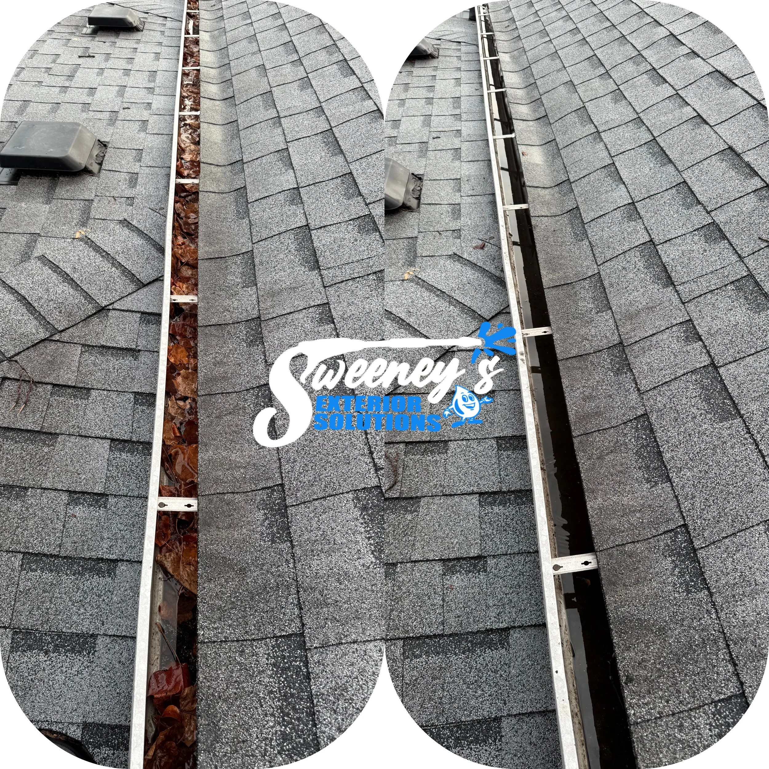 Comparison photos of leaves and debris cleared from a home’s gutter system to support proper drainage and prevent water damage with the logo of Sweeney's Exterior Solutions shown.