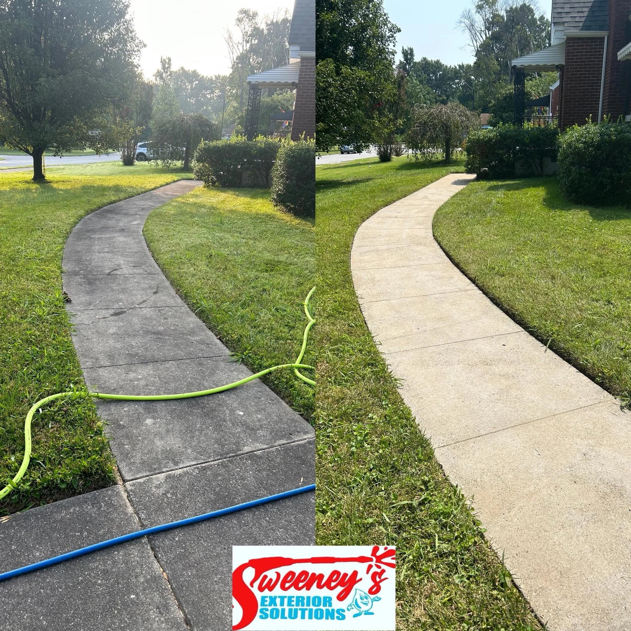 Before and after comparison of a sidewalk cleaning or renovation. The left side shows an old, stained, and dirty concrete sidewalk with a garden hose lying across it.