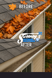 Comparison of a house gutter filled with orange fallen leaves before cleaning and after cleaning, showing clear gutters.