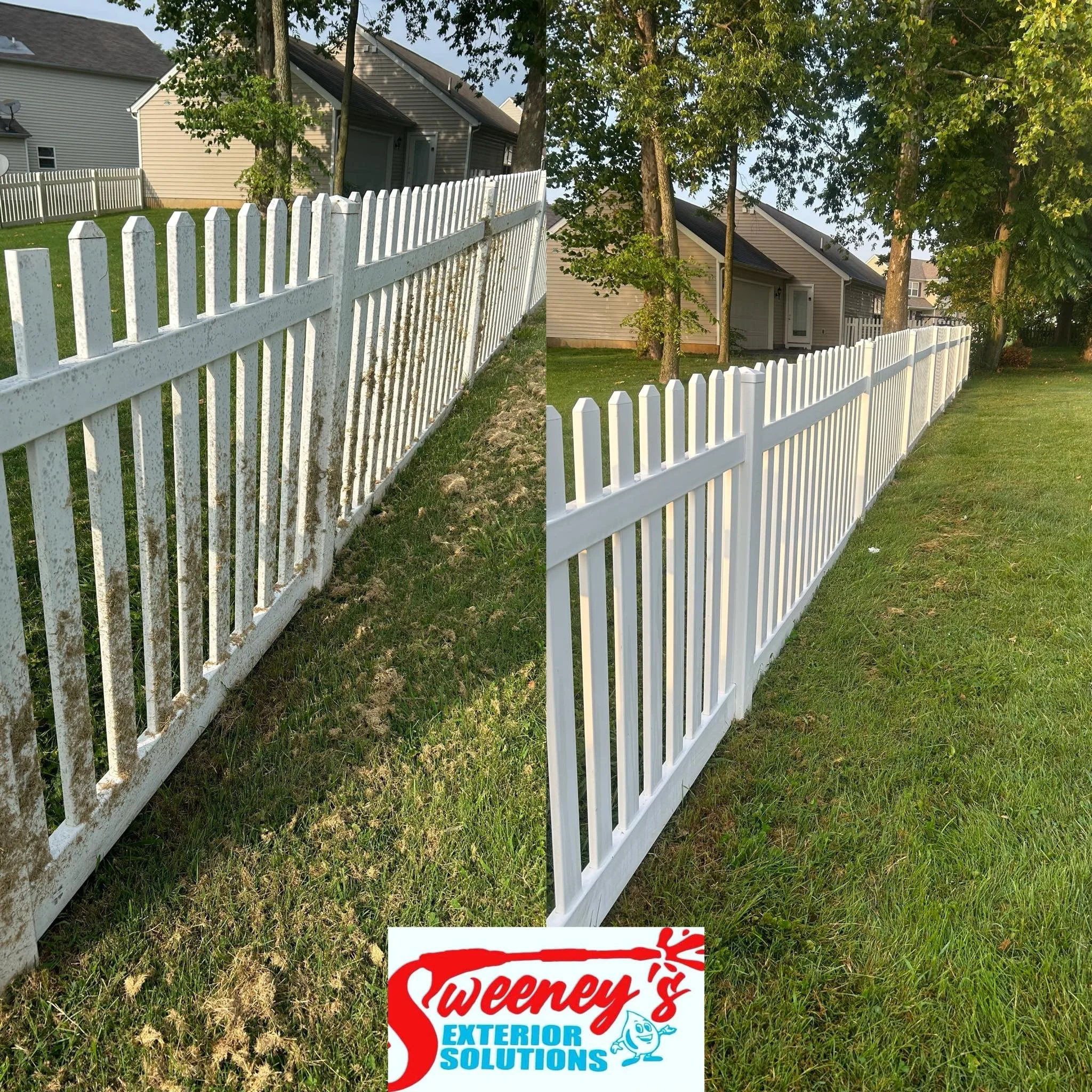 Comparison of an old, weathered white picket fence with moss and dirt buildup on the left and the fence cleaned and clear of grime on the right.