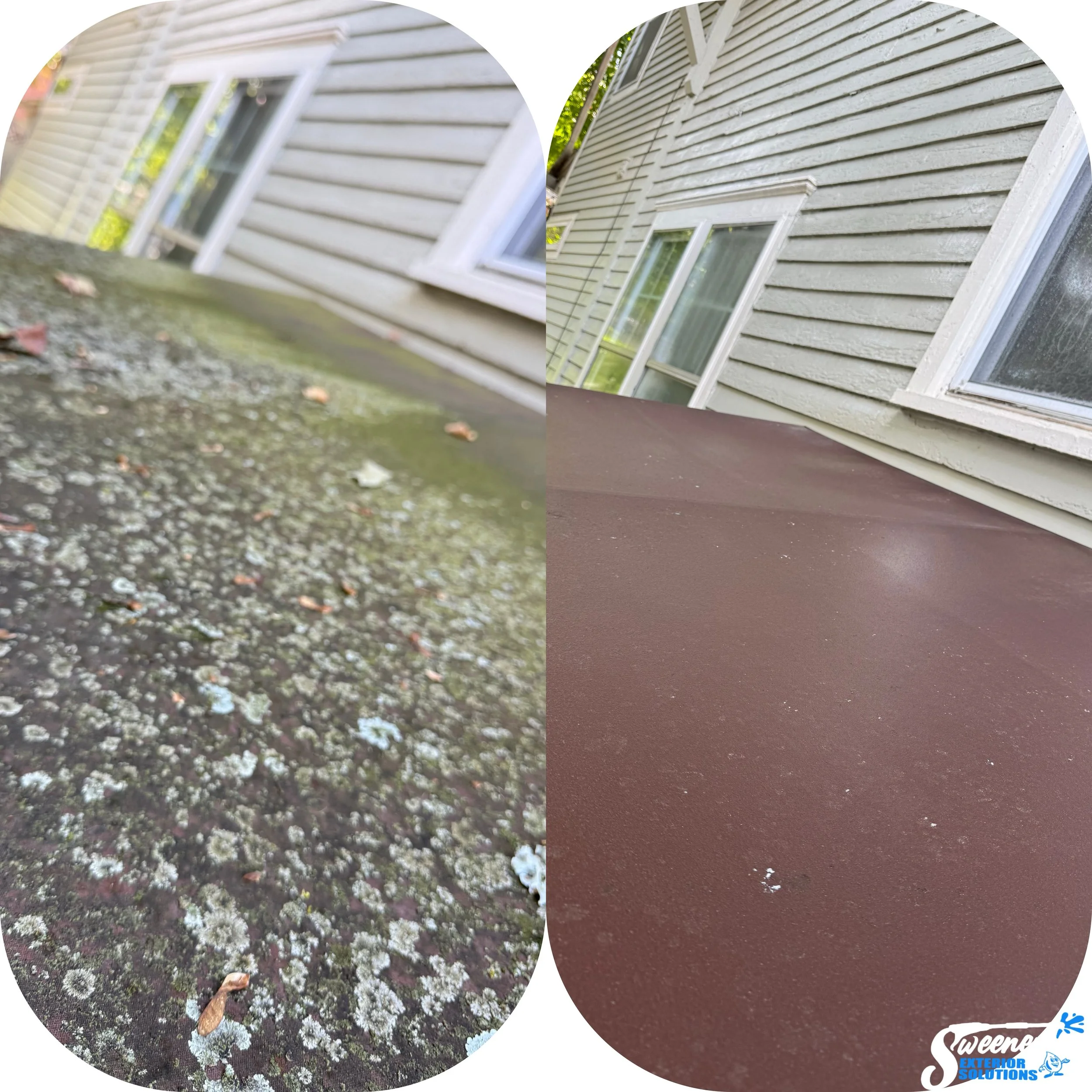 Comparison photo of an awning before and after cleaning. The left shows the awning before covered in mold and dirt. The right shows the awning after cleaning on the right.