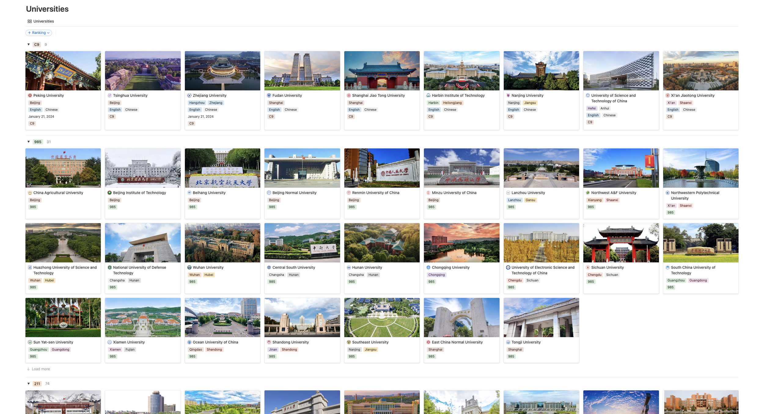 Collection of images of university campuses in China, including Peking University, Tsinghua University, Zhejiang University, Fudan University, Shanghai Jiao Tong University, Harbin Institute of Technology, Nanjing University, University of Science and Technology of China, Xi'an Jiaotong University, China Agricultural University, Beijing Institute of Technology, Beijing University, Remnin University of China, Minzu University of China, Lanzhou University, Northwest A&F University, Northwest Polytechnic University, Huazhong University of Science and Technology, National University of Defense Technology, Wuhan University, Central South University, Hunan University, Chongqing University, Sichuan University, South China University of Technology, Sun Yat-Sen University, Xiamen University, Ocean University of China, Shandong University, Southeast University, East China Normal University, Tongji University.