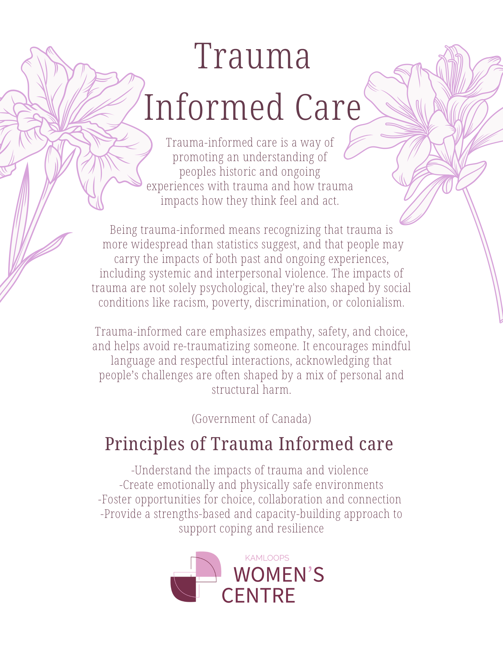Information flyer about trauma-informed care, featuring purple floral illustrations and the Kamloops Women's Centre logo.