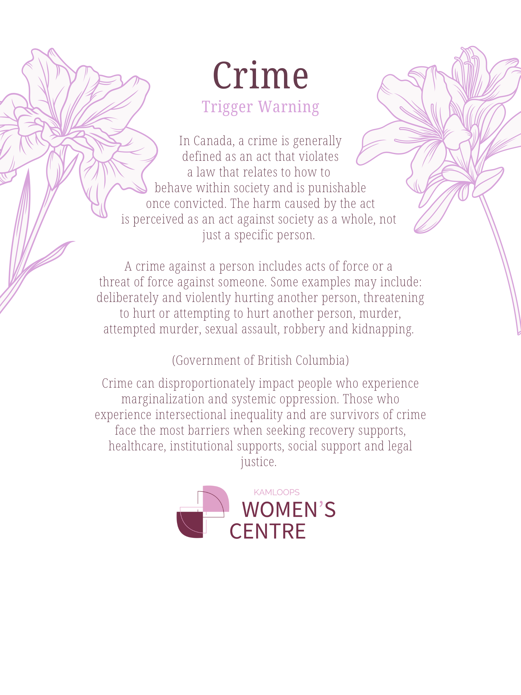 Informational poster about crime laws in Canada, featuring purple floral illustrations and the Kamloops Women's Centre logo.