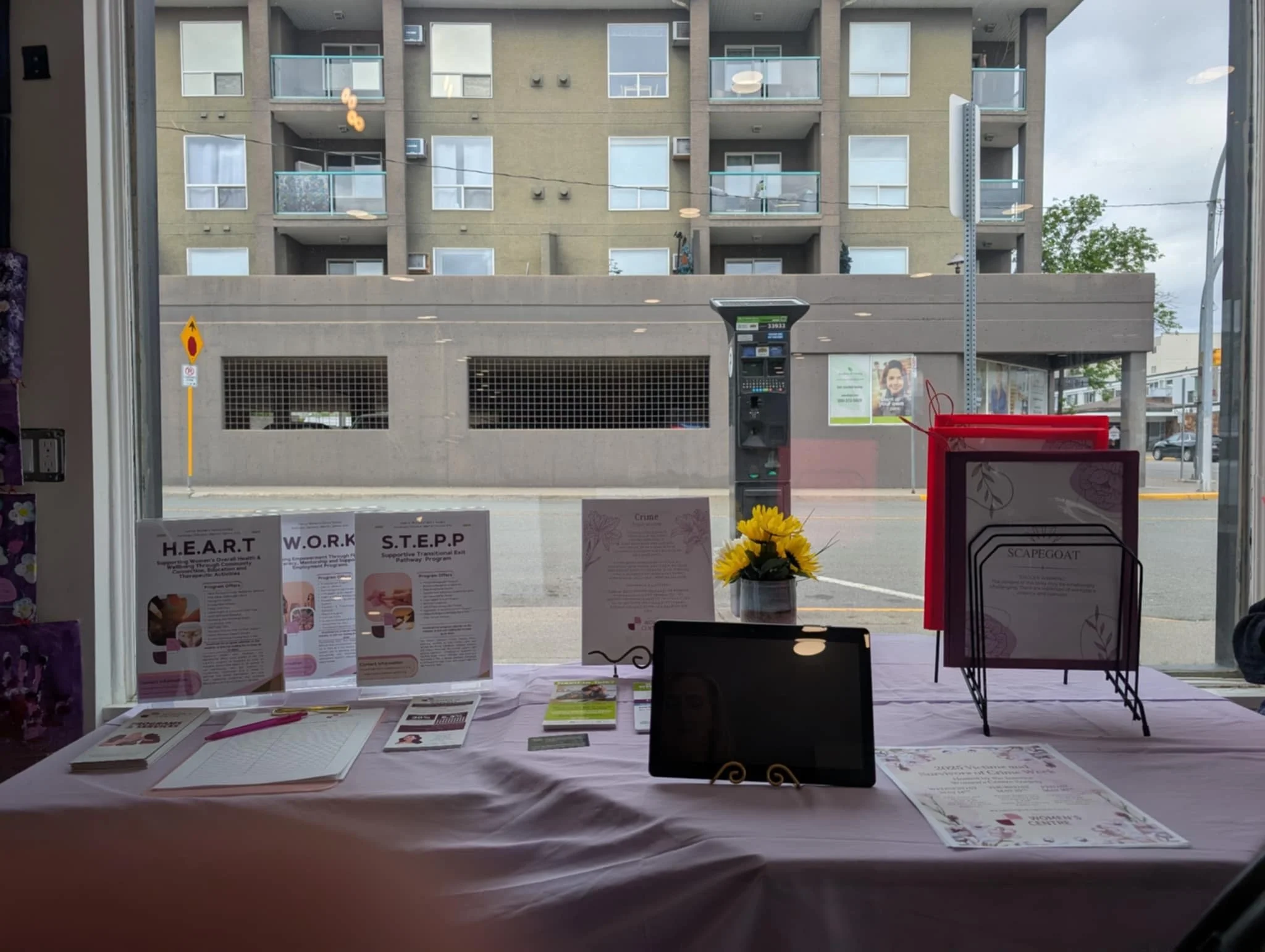Table with informational brochures, a sunflower centerpiece, and a tablet, set up inside a shop, with a view of a city street and building outside