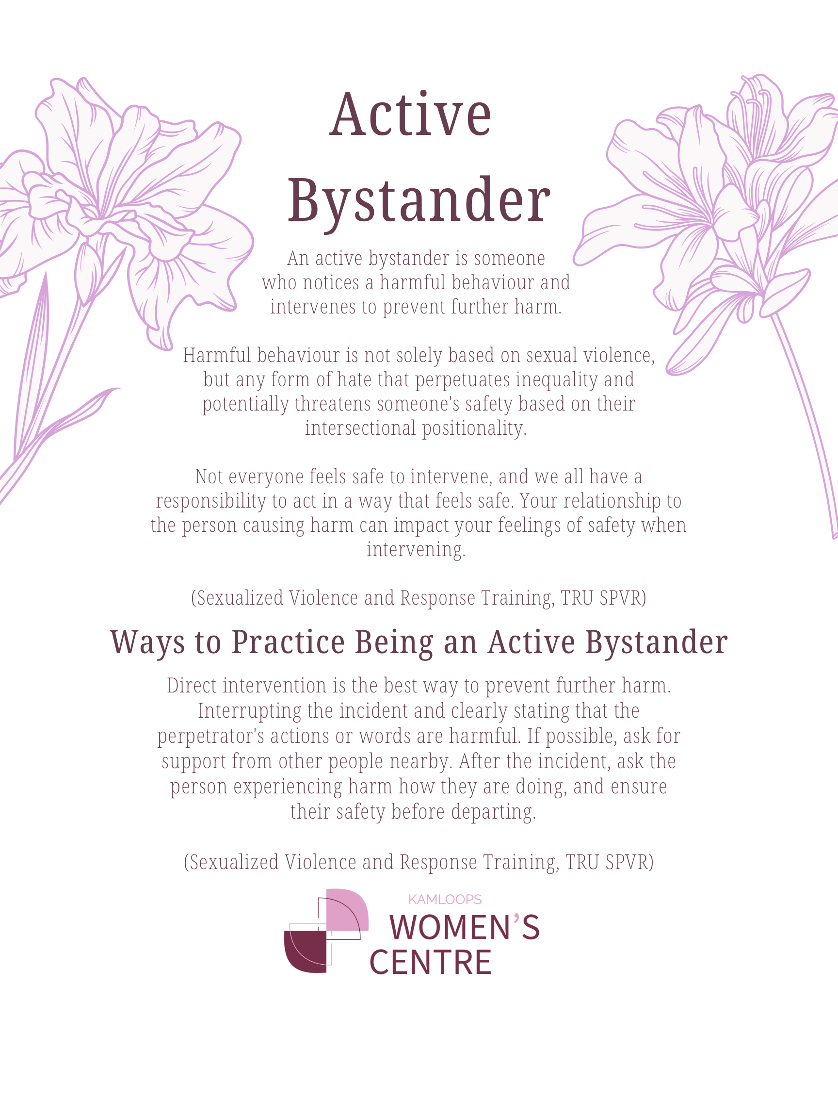 Pink and purple floral design with text about active bystander intervention, promoting safety and support for victims of harmful behaviors, from Kamloops Women's Centre.