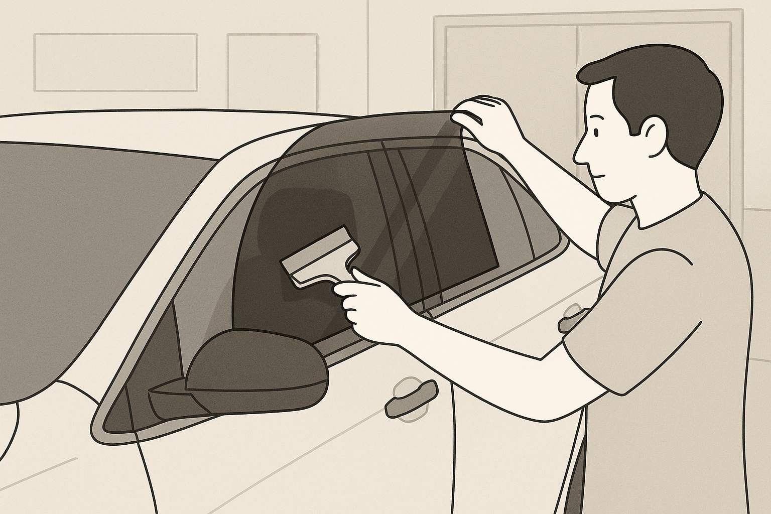 Una persona lavando un coche en un garaje, usando una esponja para limpiar la ventana del vehículo.