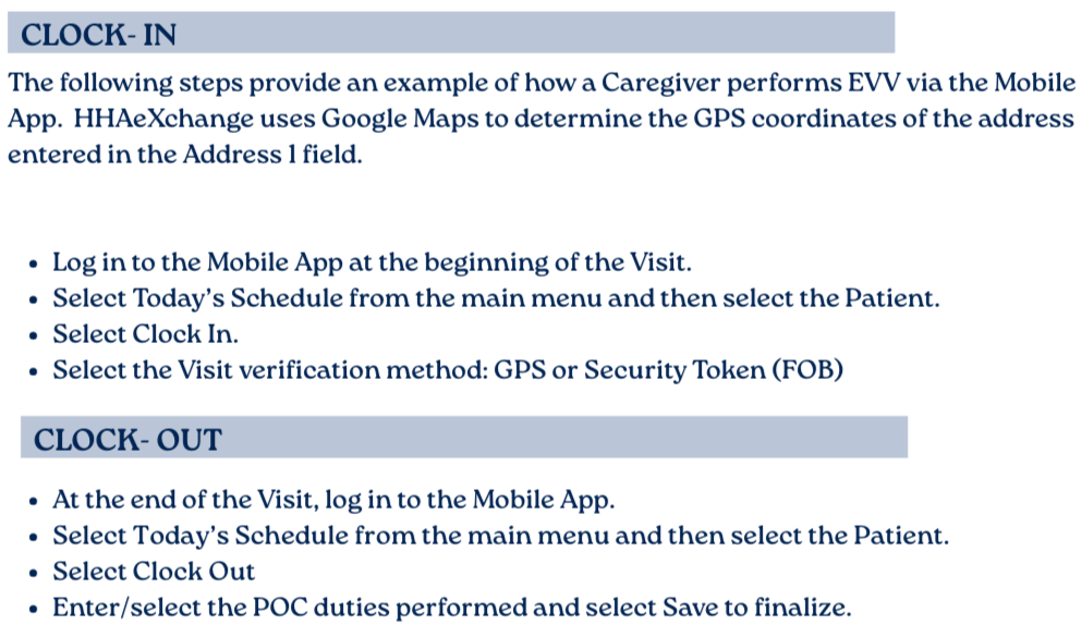 Instructions for clock-in and clock-out procedures for caregivers using the EVV Mobile App, including steps for schedule selection, visit verification, and POC duties.