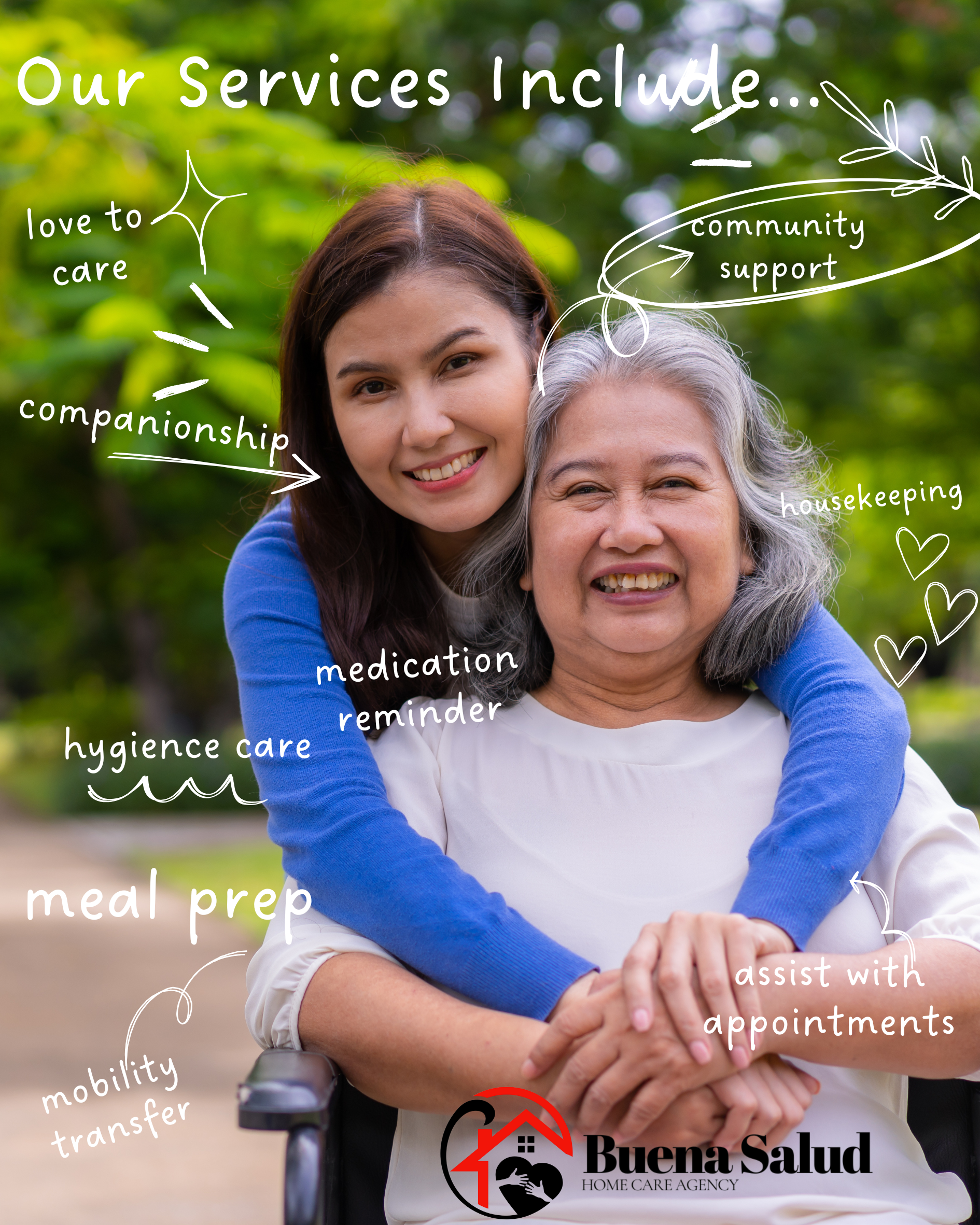 A young woman hugging an elderly woman in a park with handwritten-style annotations listing home care services provided by Buena Salud Home Care Agency, including companionship, housekeeping, medication reminder, hygiene care, meal prep, mobility transfer, assist with appointments, community support, and love to care.