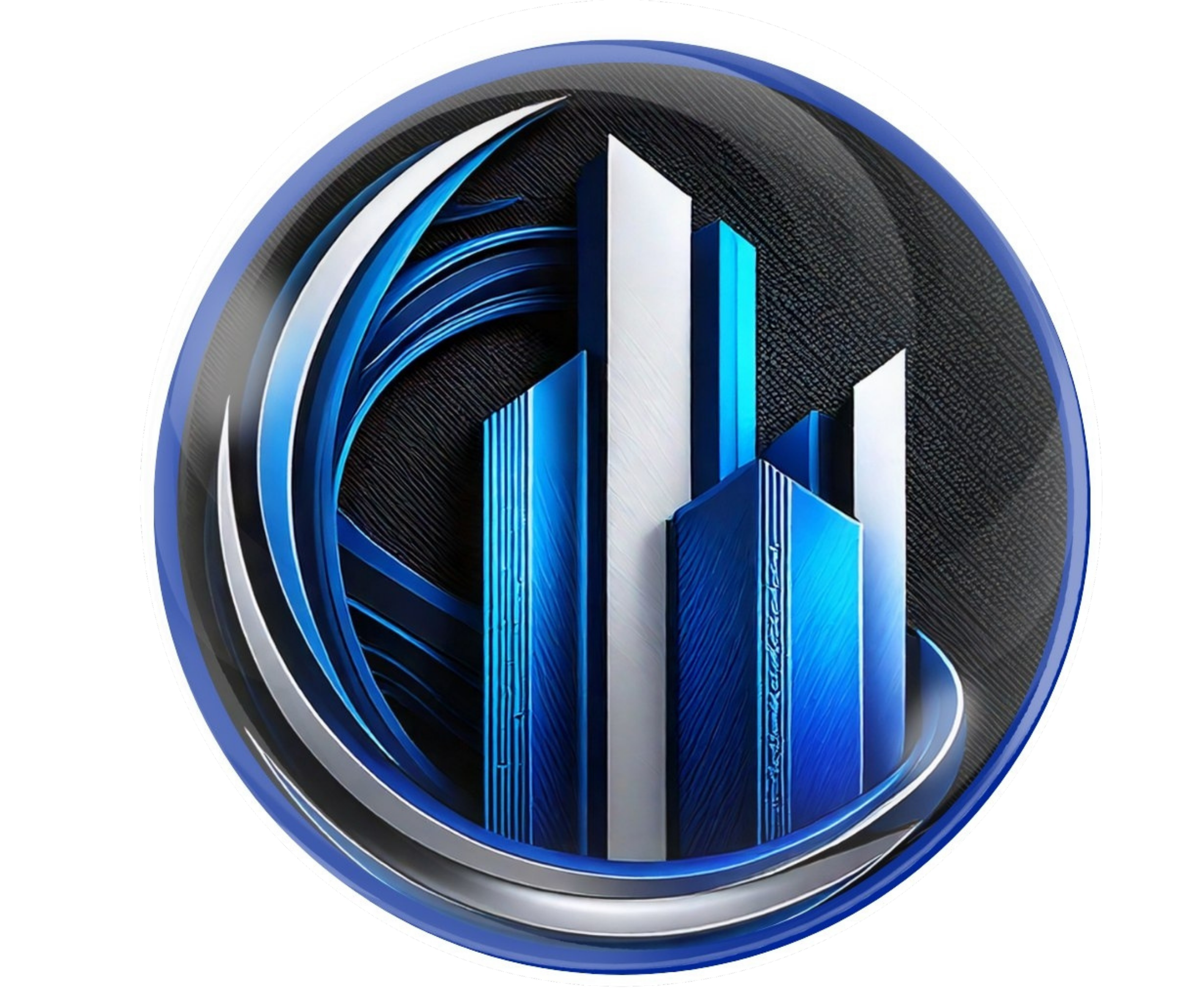 A circular emblem featuring stylized blue and white skyscrapers with a futuristic design, set against a dark textured background and surrounded by a metallic ring.