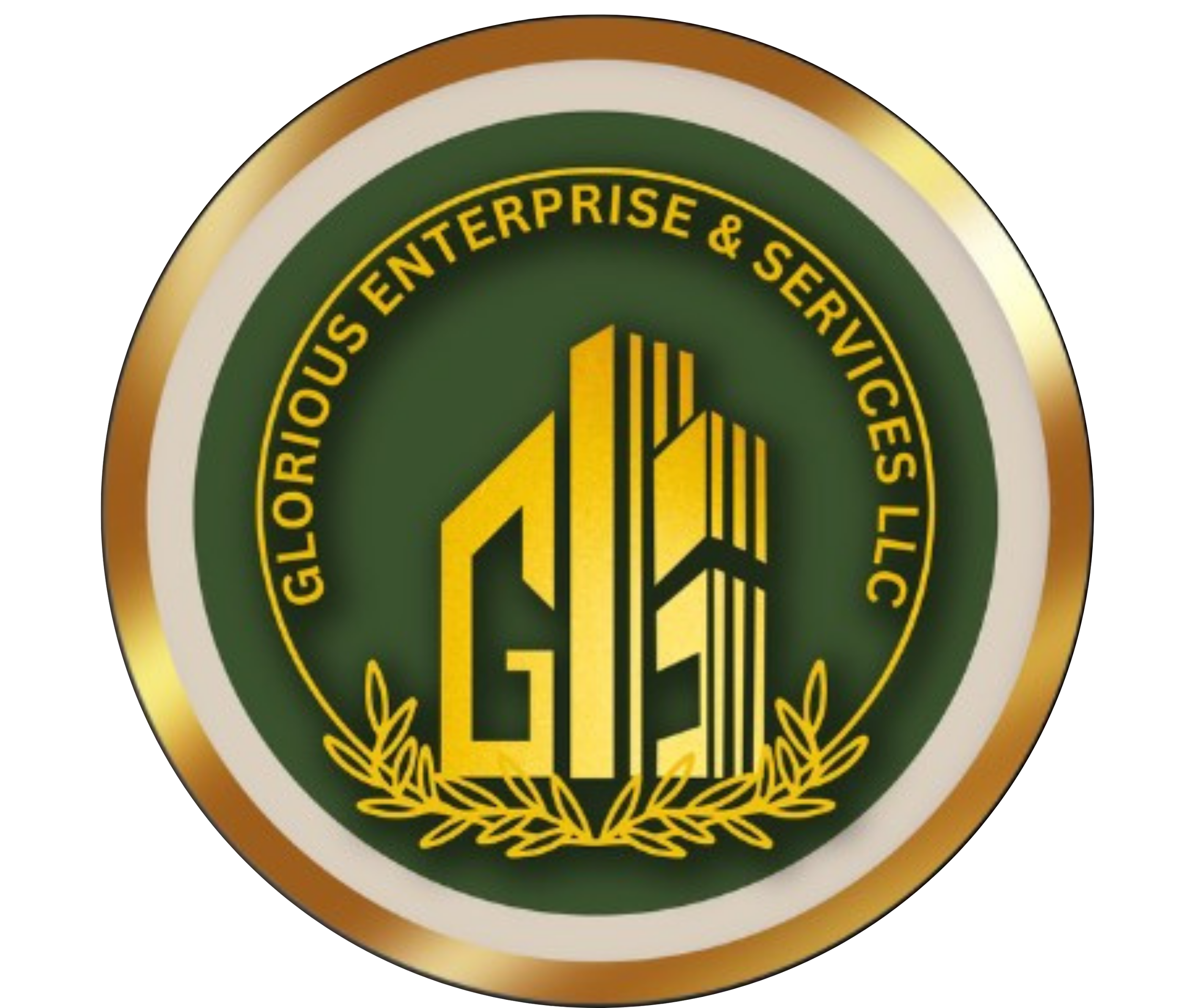 Gold and green circular emblem with the words "Glorious Enterprise & Services LLC" around the edge and a stylized building with a laurel on the bottom.