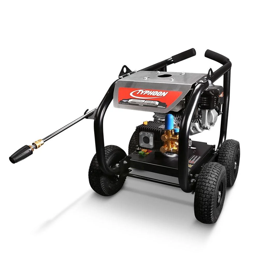 Pressure washer with a metal nozzle, black frame, four large wheels, and engine components, labeled 'Typhoon'.